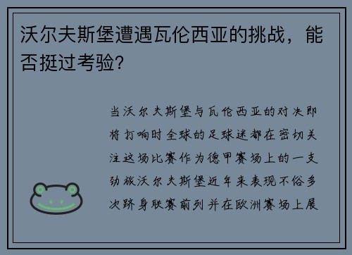 沃尔夫斯堡遭遇瓦伦西亚的挑战，能否挺过考验？